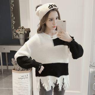 Color Block Distressed Knit Sweater