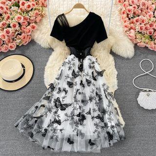 Asymmetrical Short-sleeve Printed Midi A-line Dress