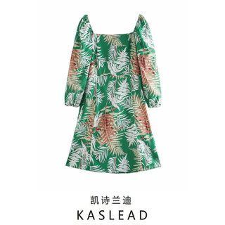 Puff-sleeve Leaf Print Mini A-line Dress