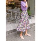 Plus Size - Floral Print Long Linen-blend Skirt