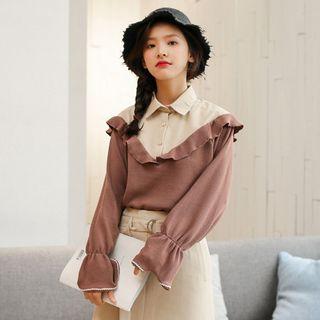 Long-sleeve Color-block Ruffled Shirt