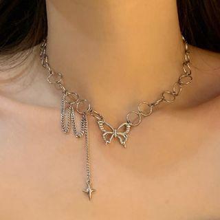 Butterfly & Star Pendant Stainless Steel Necklace 1 Pc - Silver - One Size