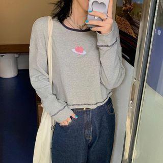 Long-sleeve Heart Embroidered Ribbed T-shirt