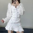 Puff Sleeve Ruffled-trim Pointelle Knit Mini Dress