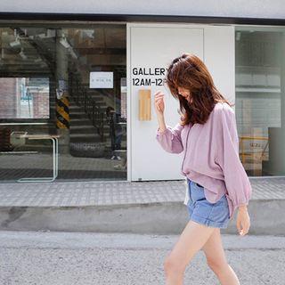 Collarless Long-sleeve Shirred Blouse
