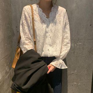 V-neck Bell-sleeve Lace Blouse
