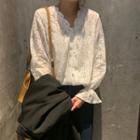 V-neck Bell-sleeve Lace Blouse