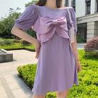 Set: Short-sleeve A-line Dress + Camisole Top Purple - One Size