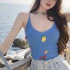 Sleeveless Fruit Embroidered Knit Top Blue - One Size