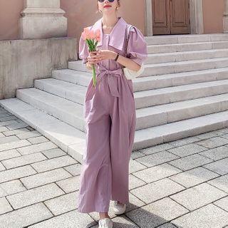 Balloon-sleeve Tie-waist Wide Leg Jumpsuit