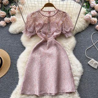 Puff Short-sleeve Ruffle Embroidered A-line Dress