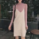 Long-sleeve Mock Neck T-shirt / Spaghetti-strap Faux Leather Dress