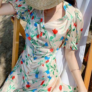 Flower Printed Short-sleeve Slim-fit Dress