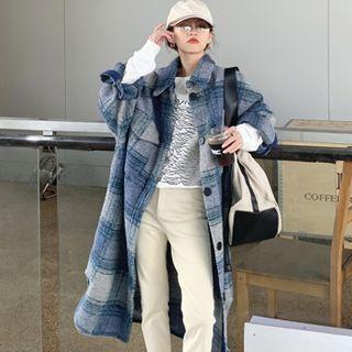 Plaid Single-breasted Coat Plaid - Blue - One Size