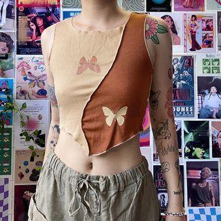 Butterfly Print Color-block Paneled Crop Tank Top