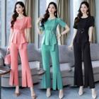 Set: Short-sleeve Buckled Frill Trim Top + Wide-leg Dress Pants