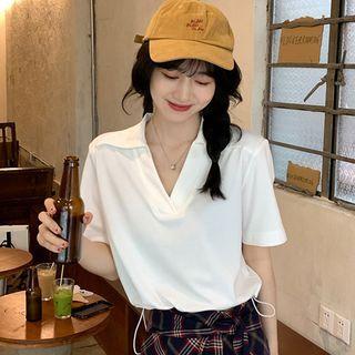 Short-sleeve Polo-neck Drawstring Cropped Top