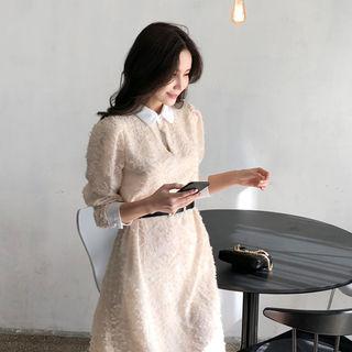 Round-collar Textured Dress Beige - One Size