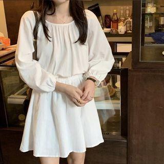 3/4 Sleeve Tie Waist Plain Dress White - One Size