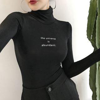 Lettering Turtle-neck Slim-fit Long-sleeve Top