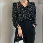 Long-sleeve Dotted V-neck Buttoned Blouse