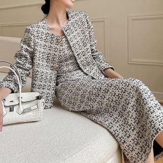 Set: Single-breasted Tweed Jacket + Midi Sheath Tank Dress