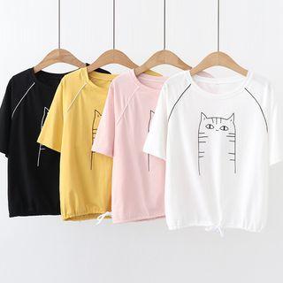 Short-sleeve Cat Print Drawstring T-shirt