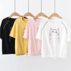 Short-sleeve Cat Print Drawstring T-shirt