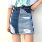 Distressed Two-tone Denim Skirt