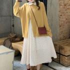 Slit Sweater / Floral Print Long-sleeve A-line Midi Dress
