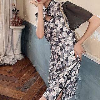 Short-sleeve Paneled Floral Print Qipao
