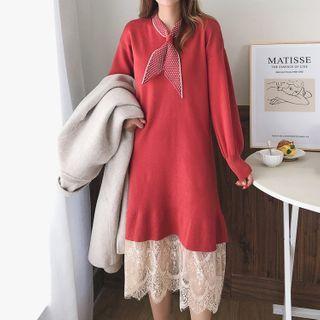 Puff-sleeve Lace Panel Midi Sweater Dress