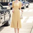 Short-sleeve Square-neck Slit-hem Midi A-line Dress
