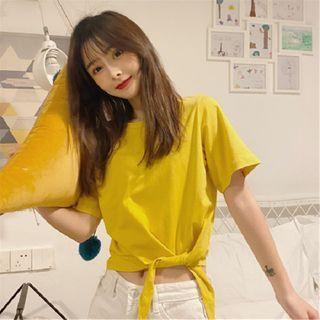 Tie-front Plain Short-sleeve Cropped Top
