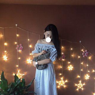 Flower Embroidered Striped Off Shoulder Short Sleeve Dress
