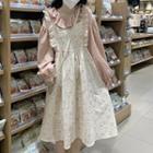 Mock Two-piece Long-sleeve Floral Panel Midi A-line Dress Pink & White - One Size