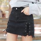 Inset Shorts Lace-up Detail Denim Mini Skirt