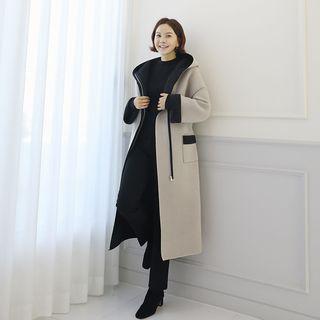 Color-block Zip-up Hooded Coat With Sash