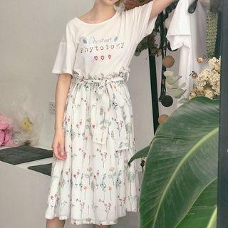 Mock Two-piece Short-sleeve Print Midi A-line Dress