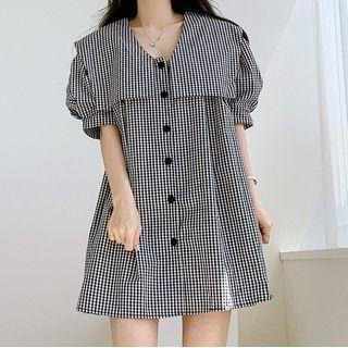 Puff-sleeve Navy Collar Plaid Single Breasted Mini Dress