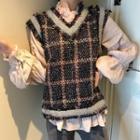 Frill-trim Blouse / V-neck Plaid Knit Vest