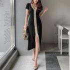 Short-sleeve V-neck Contrast Trim Knit Midi Dress Black - One Size