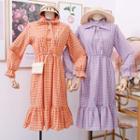 Ribbon-neckline Checked A-line Dress
