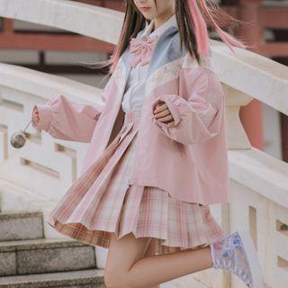 Flower Embroidered Color Block Zip Jacket