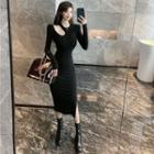 Asymmetrical Cold-shoulder Midi Sheath Dress Black - One Size