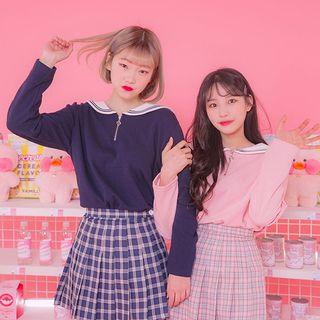 Sailor-collar Zip-detail Blouse