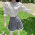 Bell-sleeve Crop Top / Pleated Mini A-line Skirt