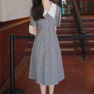 Puff Sleeve Contrast Collared Gingham Shirtdress