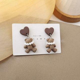 Heart Bear Drop Earring 1 Pair - S925 Silver - Coffee - One Size