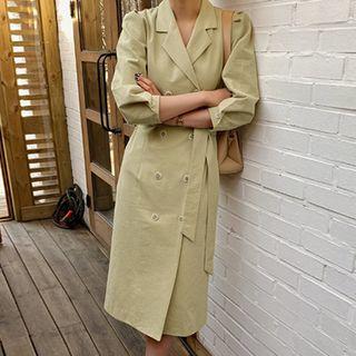 Double-breasted Puff-sleeve Midi Coatdress With Sash